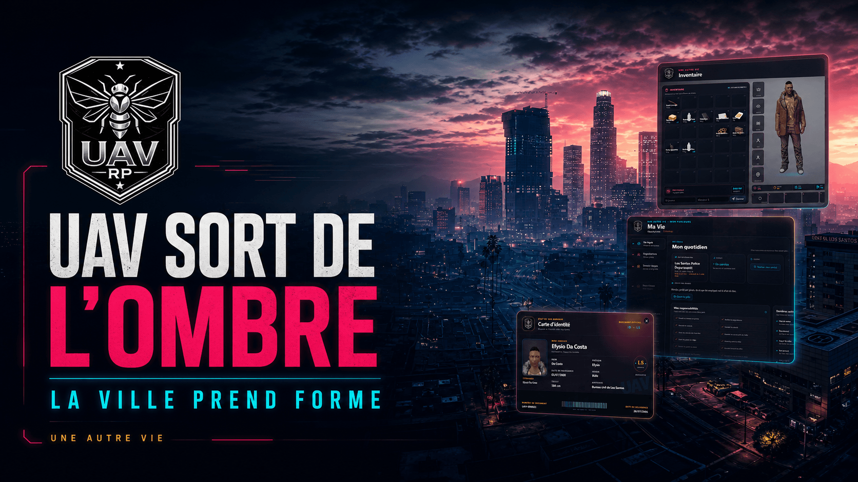 Los Santos au crépuscule, accompagné d’aperçus des interfaces UAV RP et du titre UAV sort de l’ombre — La ville prend forme.